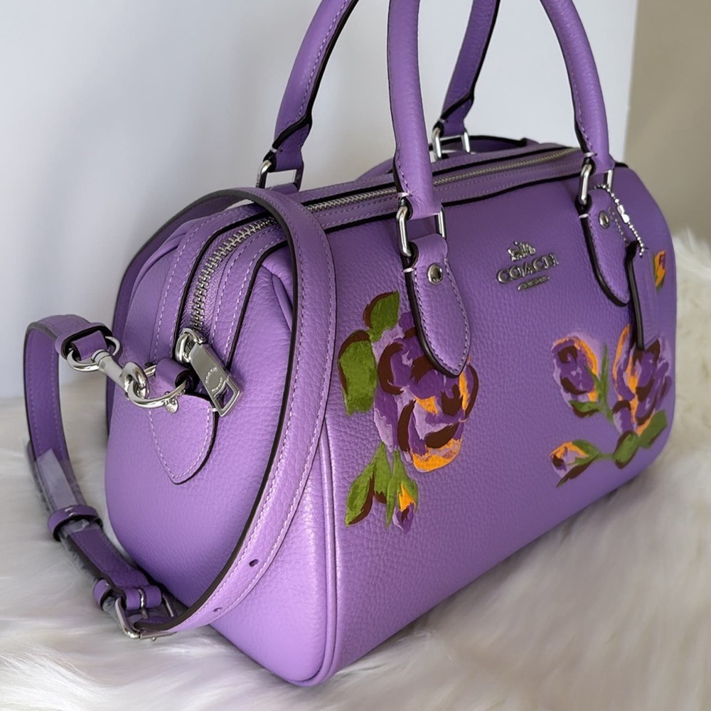 NWT Coach Rowan Satchel With Rose Print/ Refined Pebble Leather/Purple - Picture 2 of 10